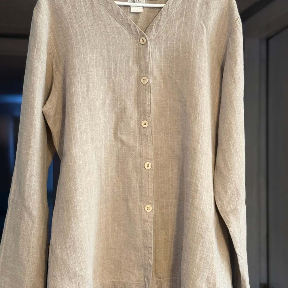Eileen Fisher Grey Italian Fabric Linen Gauze Button Down Top Size Medium